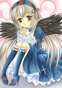 Rating: Safe Score: 0 Tags: 1girl black_wings dress feathered_wings feathers flower frills full_body hairband high_heels image long_hair long_sleeves looking_at_viewer marker_(medium) red_eyes red_flower red_rose rose silver_hair sitting solo suigintou traditional_media wings User: admin
