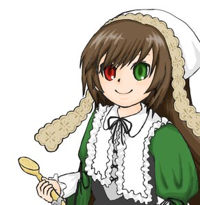 Rating: Safe Score: 0 Tags: 1girl bangs brown_hair dress frills green_dress green_eyes head_scarf heterochromia holding image long_sleeves looking_at_viewer red_eyes ribbon short_hair simple_background smile solo suiseiseki upper_body white_background User: admin