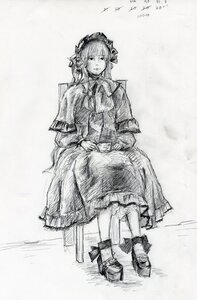 Rating: Safe Score: 0 Tags: 1girl dress frills full_body greyscale image long_sleeves monochrome shinku sitting solo traditional_media User: admin