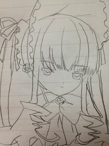 Rating: Safe Score: 0 Tags: 1girl dress flower frills greyscale image long_hair looking_at_viewer monochrome rose shinku simple_background solo traditional_media User: admin