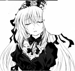 Rating: Safe Score: 0 Tags: 1girl closed_eyes dress flower greyscale image long_hair long_sleeves monochrome ribbon rose simple_background solo suigintou tears upper_body User: admin