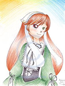 Rating: Safe Score: 0 Tags: 1girl braid frills green_dress green_eyes head_scarf image long_hair long_sleeves looking_at_viewer ribbon simple_background smile solo suiseiseki traditional_media upper_body watercolor_(medium) white_background User: admin