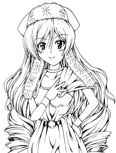 Rating: Safe Score: 0 Tags: 1girl blush braid dress eyebrows_visible_through_hair greyscale hand_on_hip hat image long_hair looking_at_viewer monochrome smile solo suiseiseki twin_braids vertical_stripes very_long_hair User: admin