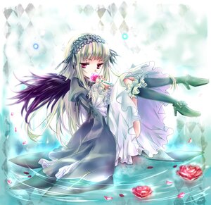 Rating: Safe Score: 0 Tags: 1girl boots dress feathers flower frills hairband image lolita_hairband long_hair long_sleeves looking_at_viewer petals red_eyes red_flower red_rose ribbon rose silver_hair solo suigintou water wings User: admin