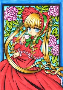 Rating: Safe Score: 0 Tags: 1girl blonde_hair blue_eyes bonnet bow bowtie dress flower holding image long_hair long_sleeves looking_at_viewer marker_(medium) pink_flower red_dress rose shinku sidelocks solo traditional_media very_long_hair User: admin