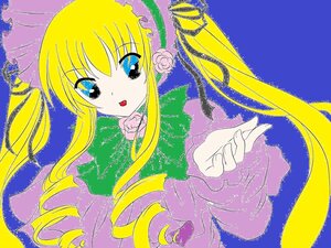 Rating: Safe Score: 0 Tags: 1girl blonde_hair blue_background blue_eyes capelet dress drill_hair flower image long_hair long_sleeves looking_at_viewer open_mouth pink_flower pink_rose rose shinku simple_background solo twin_drills twintails upper_body User: admin