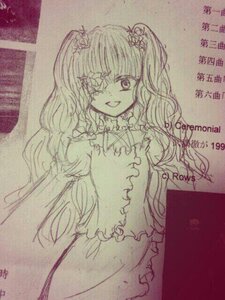 Rating: Safe Score: 0 Tags: 1girl dated dress eyepatch frills image kirakishou long_hair looking_at_viewer monochrome photo smile solo traditional_media twintails User: admin