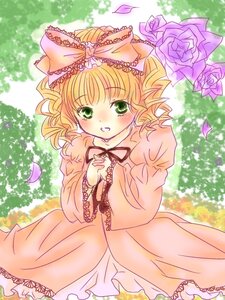 Rating: Safe Score: 0 Tags: 1girl blonde_hair blush bow dress flower frills green_eyes hina_ichigo hinaichigo image long_sleeves petals pink_bow pink_rose rose short_hair solo tears User: admin