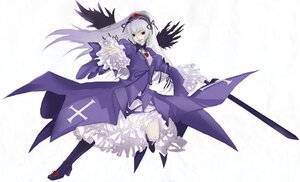 Rating: Safe Score: 0 Tags: 1girl black_wings boots dress feathered_wings feathers flower frilled_sleeves frills full_body hairband image long_hair long_sleeves looking_at_viewer red_eyes ribbon rose silver_hair solo suigintou wings User: admin