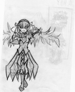 Rating: Safe Score: 0 Tags: 1girl dress feathered_wings full_body greyscale image long_hair looking_at_viewer monochrome simple_background smile solo standing suigintou traditional_media wings User: admin