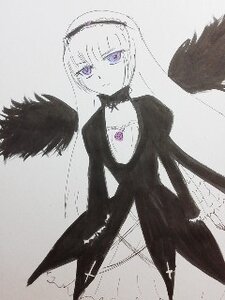 Rating: Safe Score: 0 Tags: 1girl bangs black_dress black_wings choker closed_mouth dress feathered_wings feathers flower grey_background hairband image long_hair long_sleeves looking_at_viewer monochrome purple_eyes simple_background solo standing suigintou traditional_media wings User: admin