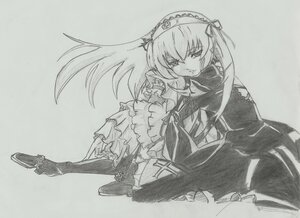 Rating: Safe Score: 0 Tags: 1girl closed_mouth dress frilled_sleeves frills full_body hairband image long_hair long_sleeves looking_at_viewer monochrome ribbon simple_background solo suigintou traditional_media very_long_hair wide_sleeves wings User: admin