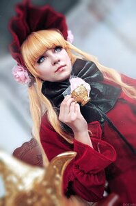 Rating: Safe Score: 0 Tags: 1girl bangs blonde_hair blue_eyes blurry blurry_background bonnet depth_of_field dress flower food lips long_hair long_sleeves photo realistic red_dress rose shinku solo upper_body User: admin