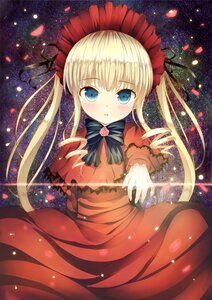 Rating: Safe Score: 0 Tags: 1girl blonde_hair blue_eyes blush bonnet bow dress flower image long_hair long_sleeves looking_at_viewer night night_sky petals red_dress rose rose_petals shinku sky solo star_(sky) starry_sky twintails User: admin