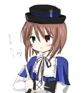 Rating: Safe Score: 0 Tags: 1girl blue_dress blush bowtie brown_hair dress green_eyes hat heterochromia image long_sleeves red_eyes short_hair simple_background solo souseiseki upper_body white_background User: admin