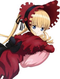 Rating: Safe Score: 0 Tags: 1girl blonde_hair blue_eyes bonnet bow dress drill_hair image long_hair long_sleeves looking_at_viewer looking_back rose shinku simple_background solo twintails white_background User: admin