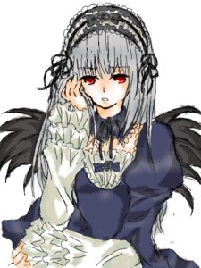 Rating: Safe Score: 0 Tags: 1girl black_wings detached_collar dress feathered_wings frills hairband image juliet_sleeves long_hair long_sleeves looking_at_viewer red_eyes silver_hair simple_background solo suigintou upper_body white_background wings User: admin