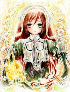 Rating: Safe Score: 0 Tags: 1girl brown_hair dress fire green_eyes heterochromia image long_hair long_sleeves looking_at_viewer red_eyes solo suiseiseki very_long_hair User: admin