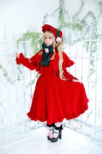 Rating: Safe Score: 0 Tags: 1girl bangs black_footwear blonde_hair blue_eyes bonnet dress flower full_body hat long_hair long_sleeves looking_at_viewer red_dress shinku solo standing User: admin