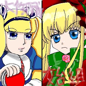 Rating: Safe Score: 0 Tags: 2girls blonde_hair blue_eyes cup hat image long_hair multiple_girls oekaki parody rose shinku solo teacup User: admin