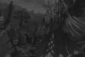 Rating: Safe Score: 0 Tags: 1girl dress greyscale image long_hair monochrome rain solo standing suigintou very_long_hair User: admin