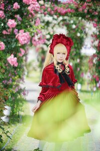 Rating: Safe Score: 0 Tags: 1girl bangs blonde_hair blue_eyes blurry blurry_background blurry_foreground bonnet capelet depth_of_field dress flower long_hair long_sleeves looking_at_viewer outdoors pink_flower red_capelet red_dress shinku solo standing User: admin