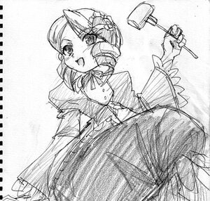 Rating: Safe Score: 0 Tags: 1girl apron dress frills greyscale image kanaria long_sleeves monochrome open_mouth ribbon solo User: admin