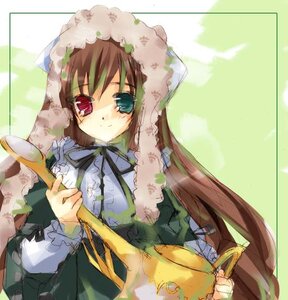 Rating: Safe Score: 0 Tags: 1girl brown_hair dress frills green_dress hat head_scarf heterochromia holding image long_hair long_sleeves looking_at_viewer red_eyes ribbon smile solo suiseiseki very_long_hair watering_can User: admin