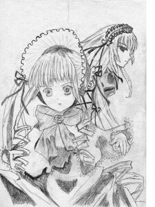 Rating: Safe Score: 0 Tags: 2girls bonnet dress greyscale hairband image long_hair long_sleeves looking_at_viewer monochrome multiple_girls pair shinku simple_background suigintou traditional_media User: admin