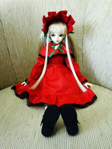Rating: Safe Score: 0 Tags: 1girl blonde_hair blue_eyes bonnet bow bowtie doll dress long_hair long_sleeves looking_at_viewer red_dress shinku sitting solo twintails User: admin