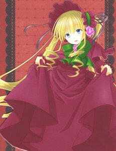 Rating: Safe Score: 0 Tags: 1girl blonde_hair blue_eyes bonnet bow bowtie dress flower green_bow green_neckwear image long_hair long_sleeves looking_at_viewer open_mouth red_dress rose shinku sidelocks solo twintails User: admin