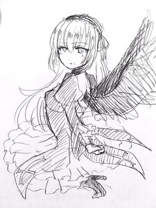 Rating: Safe Score: 0 Tags: 1girl dress eyebrows_visible_through_hair greyscale hairband high_heels image lolita_hairband long_hair long_sleeves looking_at_viewer monochrome sketch solo suigintou white_background wings User: admin