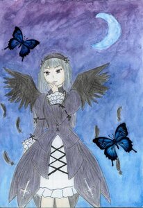 Rating: Safe Score: 0 Tags: 1girl black_wings blue_butterfly bug butterfly butterfly_hair_ornament butterfly_wings dress flower hairband image insect long_hair moon silver_hair solo suigintou wings User: admin