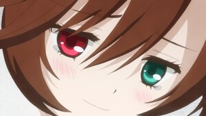 Rating: Safe Score: 0 Tags: 1girl blush brown_hair close-up eyebrows_visible_through_hair face hair_between_eyes image looking_at_viewer red_eyes short_hair simple_background smile solo suiseiseki User: admin