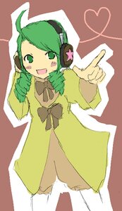 Rating: Safe Score: 0 Tags: 1girl :d ahoge bow bowtie brown_background dress green_eyes green_hair headphones heart image kanaria open_mouth pointing smile solo standing User: admin