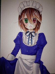 Rating: Safe Score: 0 Tags: 1girl apron blue_dress blush brown_hair dress eyebrows_visible_through_hair frills green_eyes heterochromia image juliet_sleeves long_sleeves looking_at_viewer marker_(medium) neck_ribbon open_mouth red_eyes ribbon short_hair simple_background solo souseiseki traditional_media User: admin