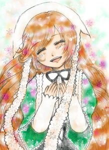 Rating: Safe Score: 0 Tags: 1girl black_ribbon brown_hair closed_eyes dress image long_hair long_sleeves multicolored_hair open_mouth ribbon smile solo suiseiseki traditional_media User: admin