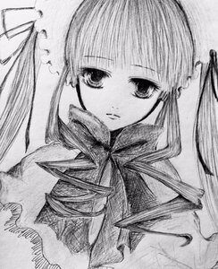 Rating: Safe Score: 0 Tags: 1girl bangs bowtie frills greyscale image long_hair long_sleeves looking_at_viewer monochrome shinku simple_background solo traditional_media twintails upper_body User: admin