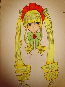 Rating: Safe Score: 0 Tags: 1girl blonde_hair blue_eyes blush bow bowtie drill_hair eyebrows_visible_through_hair green_bow image long_hair looking_at_viewer marker_(medium) photo ringlets rose shinku sidelocks simple_background solo traditional_media twin_drills twintails upper_body User: admin