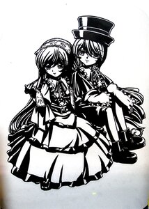 Rating: Safe Score: 0 Tags: 2girls boots dress frills full_body greyscale hairband hat image long_hair long_sleeves looking_at_viewer monochrome multiple_girls pair siblings sisters sitting smile souseiseki suiseiseki top_hat twins very_long_hair User: admin