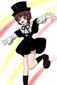 Rating: Safe Score: 0 Tags: 1girl :d brown_hair dress green_eyes hat heterochromia image long_sleeves looking_at_viewer open_mouth red_eyes short_hair smile solo souseiseki top_hat User: admin