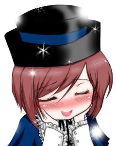 Rating: Safe Score: 0 Tags: 1girl :d ^_^ auto_tagged black_headwear blue_dress blush closed_eyes eyebrows_visible_through_hair hat image long_sleeves nose_blush open_mouth short_hair simple_background smile solo souseiseki white_background User: admin