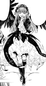 Rating: Safe Score: 0 Tags: 1girl boots dress flower frills greyscale hairband image long_hair long_sleeves looking_at_viewer monochrome rose solo standing suigintou wings User: admin