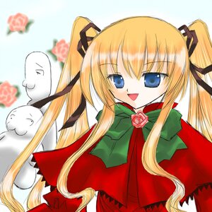 Rating: Safe Score: 0 Tags: 1girl :d blonde_hair blue_eyes blurry bow capelet dress flower hair_ribbon image long_hair long_sleeves looking_at_viewer open_mouth pink_rose red_capelet red_flower red_rose ribbon rose shinku smile solo twintails User: admin