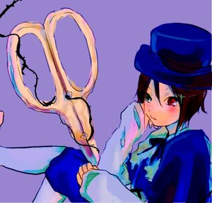 Rating: Safe Score: 0 Tags: 1girl blue_headwear brown_hair hat heterochromia image long_sleeves purple_background red_eyes ribbon short_hair simple_background solo souseiseki top_hat User: admin