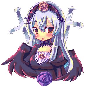 Rating: Safe Score: 0 Tags: 1girl bangs black_wings blush brown_eyes dress eyebrows_visible_through_hair flower hairband image long_hair long_sleeves open_mouth rose silver_hair solo suigintou upper_body white_background User: admin