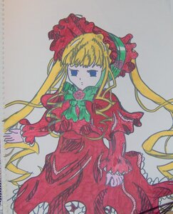 Rating: Safe Score: 0 Tags: 1girl auto_tagged bangs blonde_hair blue_eyes bonnet bow bowtie dress flower frills green_bow image long_hair long_sleeves looking_at_viewer marker_(medium) photo red_dress rose shikishi shinku sidelocks simple_background solo traditional_media twintails User: admin
