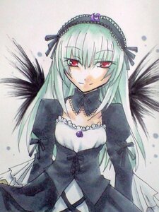 Rating: Safe Score: 0 Tags: 1girl black_wings closed_mouth detached_collar dress frills hairband image juliet_sleeves long_hair long_sleeves looking_at_viewer marker_(medium) puffy_sleeves red_eyes silver_hair simple_background solo suigintou traditional_media upper_body wings User: admin