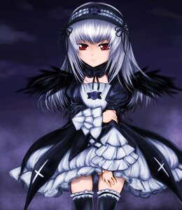 Rating: Safe Score: 0 Tags: 1girl black_legwear black_wings dress expressionless flower frilled_sleeves frills hairband image lolita_fashion long_hair long_sleeves looking_at_viewer red_eyes ribbon rose silver_hair solo suigintou thighhighs wings User: admin
