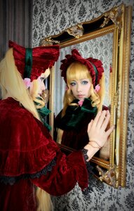 Rating: Safe Score: 0 Tags: blonde_hair blue_eyes bonnet bow curtains dress long_hair painting_(object) photo red_dress reflection shinku solo User: admin